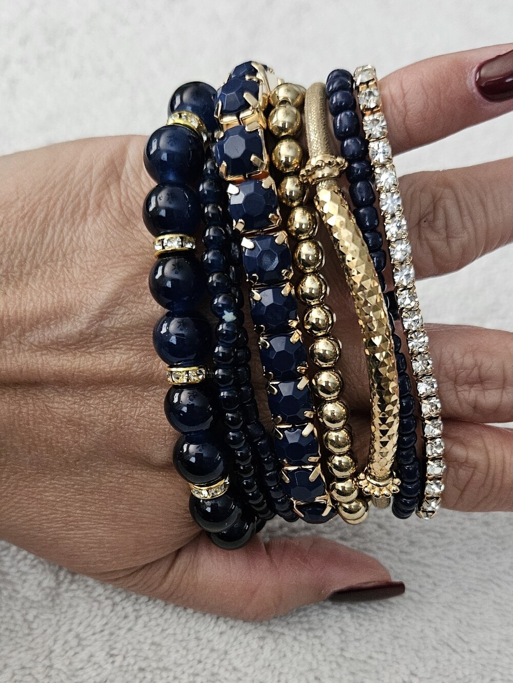 8 Piece Navy and Gold Multi-Stack Beaded Bracelet Set